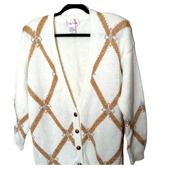 Y2k Jaclyn Smith Argyle Cardigan Sweater Medium Holiday Festive Cream Glitter Wa - Picture 1 of 9